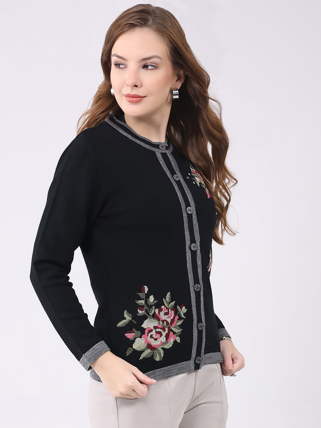 Women Black Self Design Round Neck Full Sleeve Cardigan