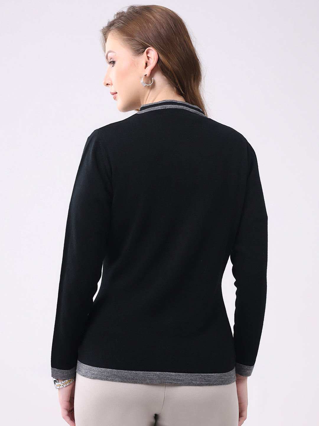 Women Black Self Design Round Neck Full Sleeve Cardigan