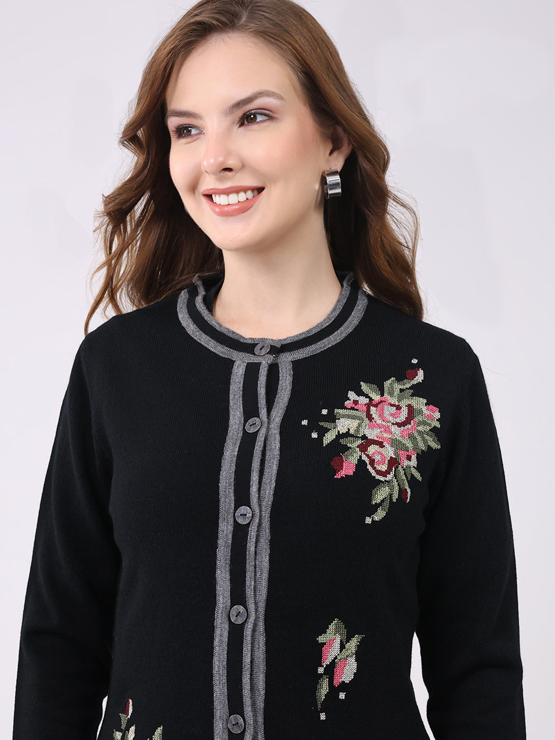 Women Black Self Design Round Neck Full Sleeve Cardigan