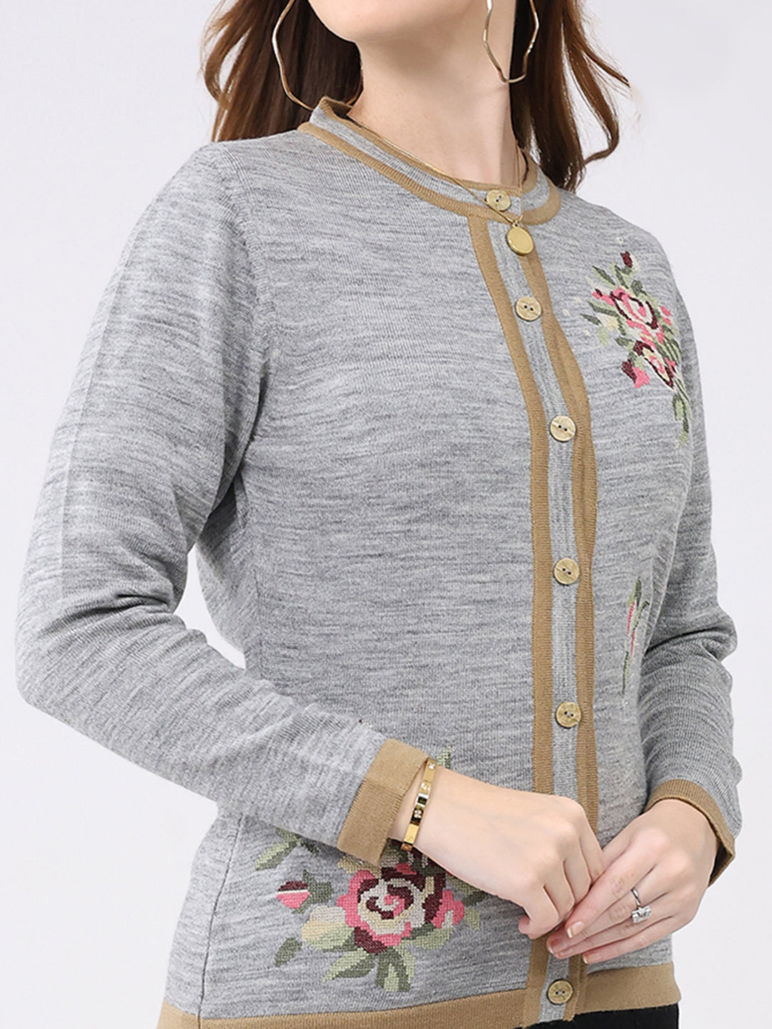 Women Grey Self Design Round Neck Full Sleeve Cardigan