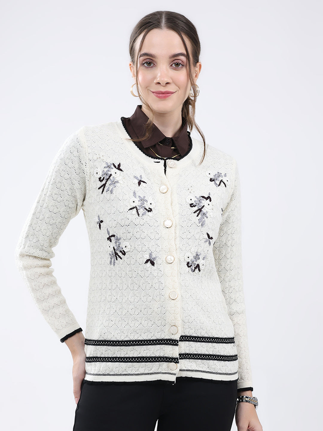 Women Cream Embroidered Round Neck Full Sleeve Cardigan