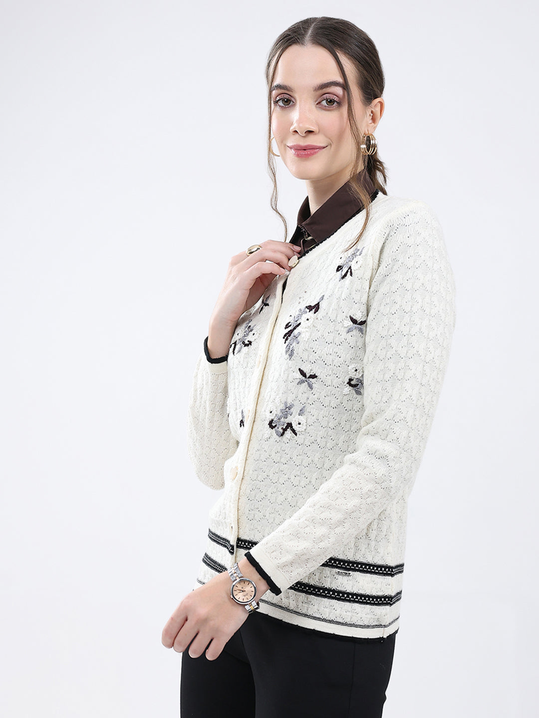 Women Cream Embroidered Round Neck Full Sleeve Cardigan