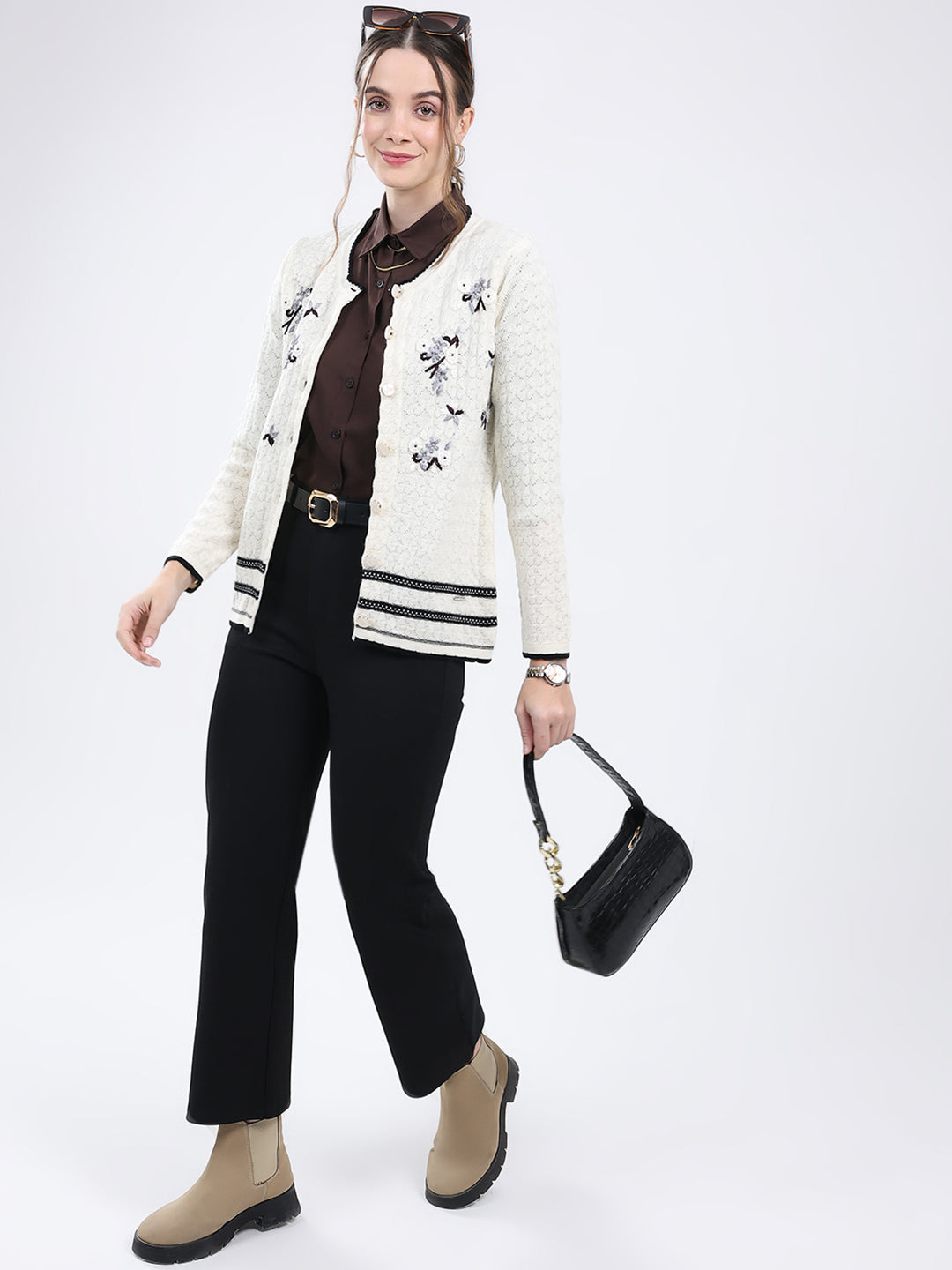 Women Cream Embroidered Round Neck Full Sleeve Cardigan