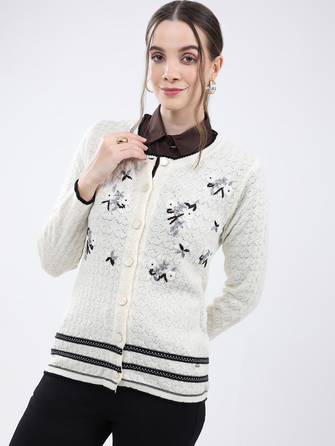 Women Cream Embroidered Round Neck Full Sleeve Cardigan