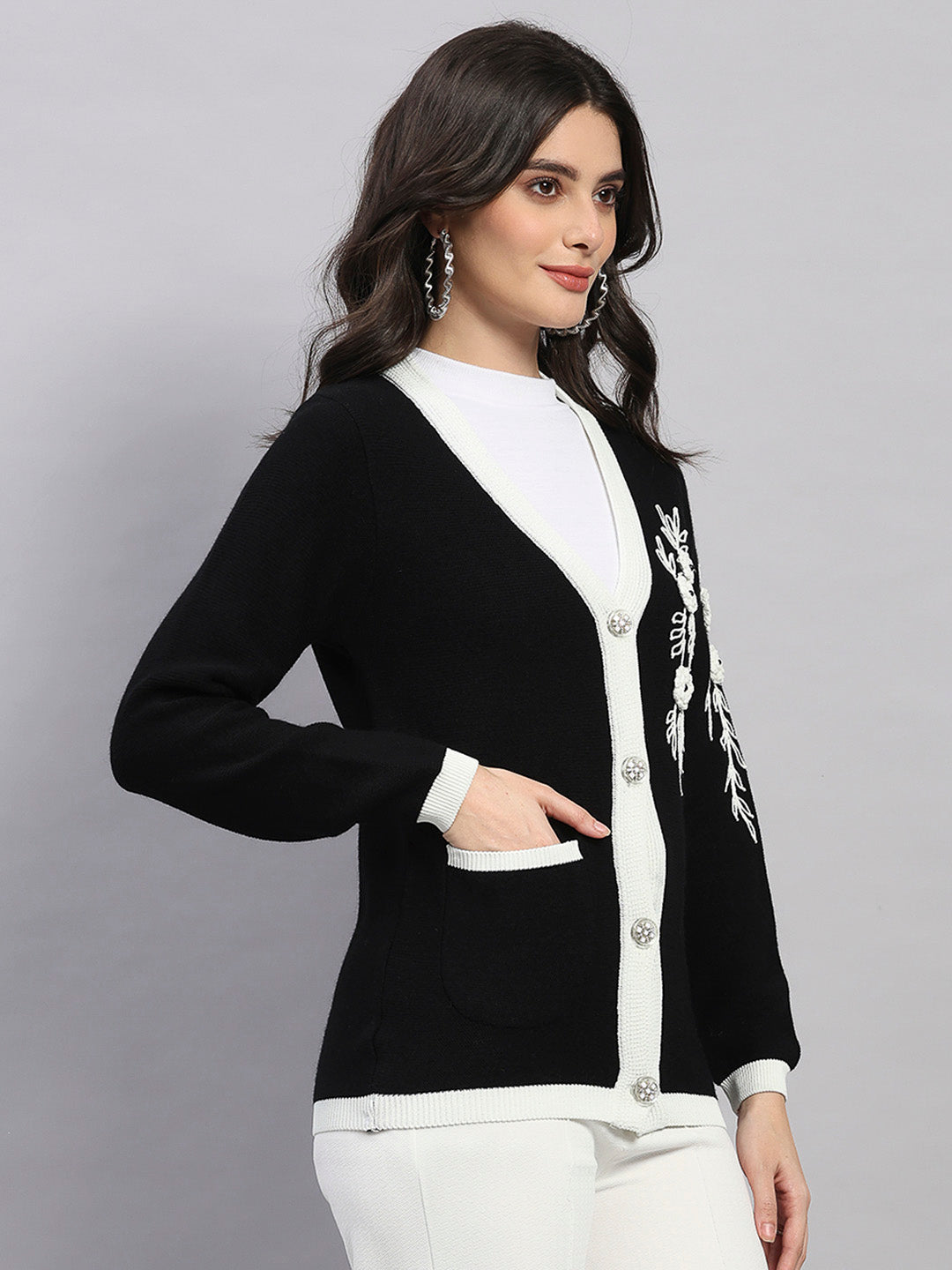 Women Black Self Design V Neck Full Sleeve Cardigan