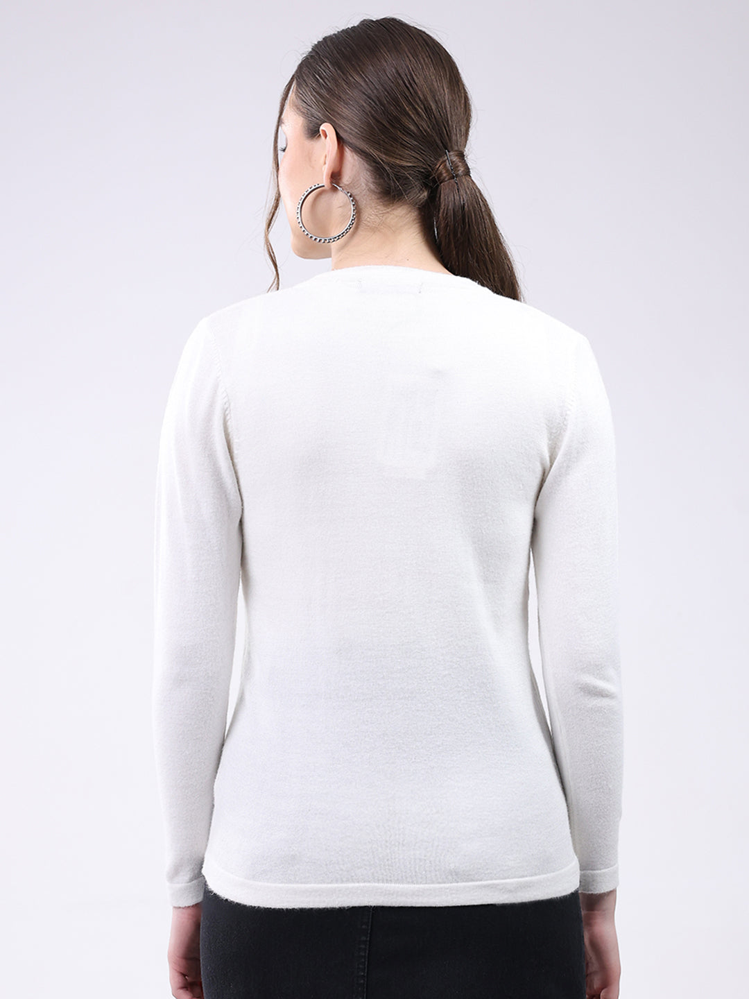 Women White Self Design Round Neck Full Sleeve Cardigan