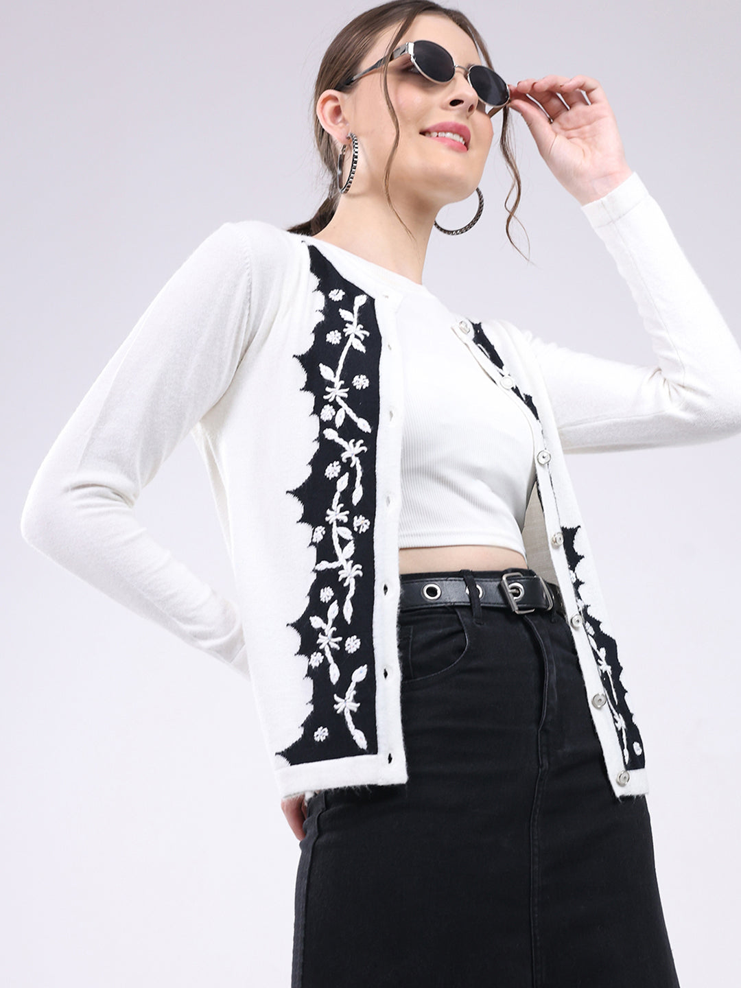 Women White Self Design Round Neck Full Sleeve Cardigan
