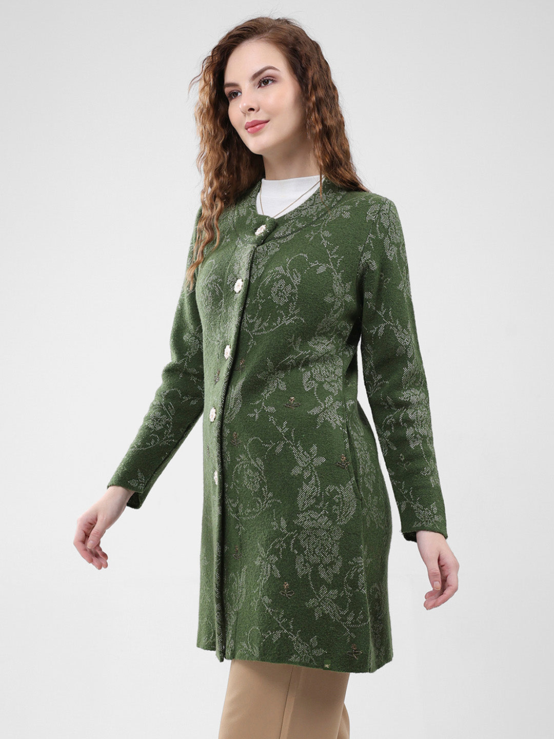 Women Olive Self Design Round Neck Full Sleeve Knitted Coat