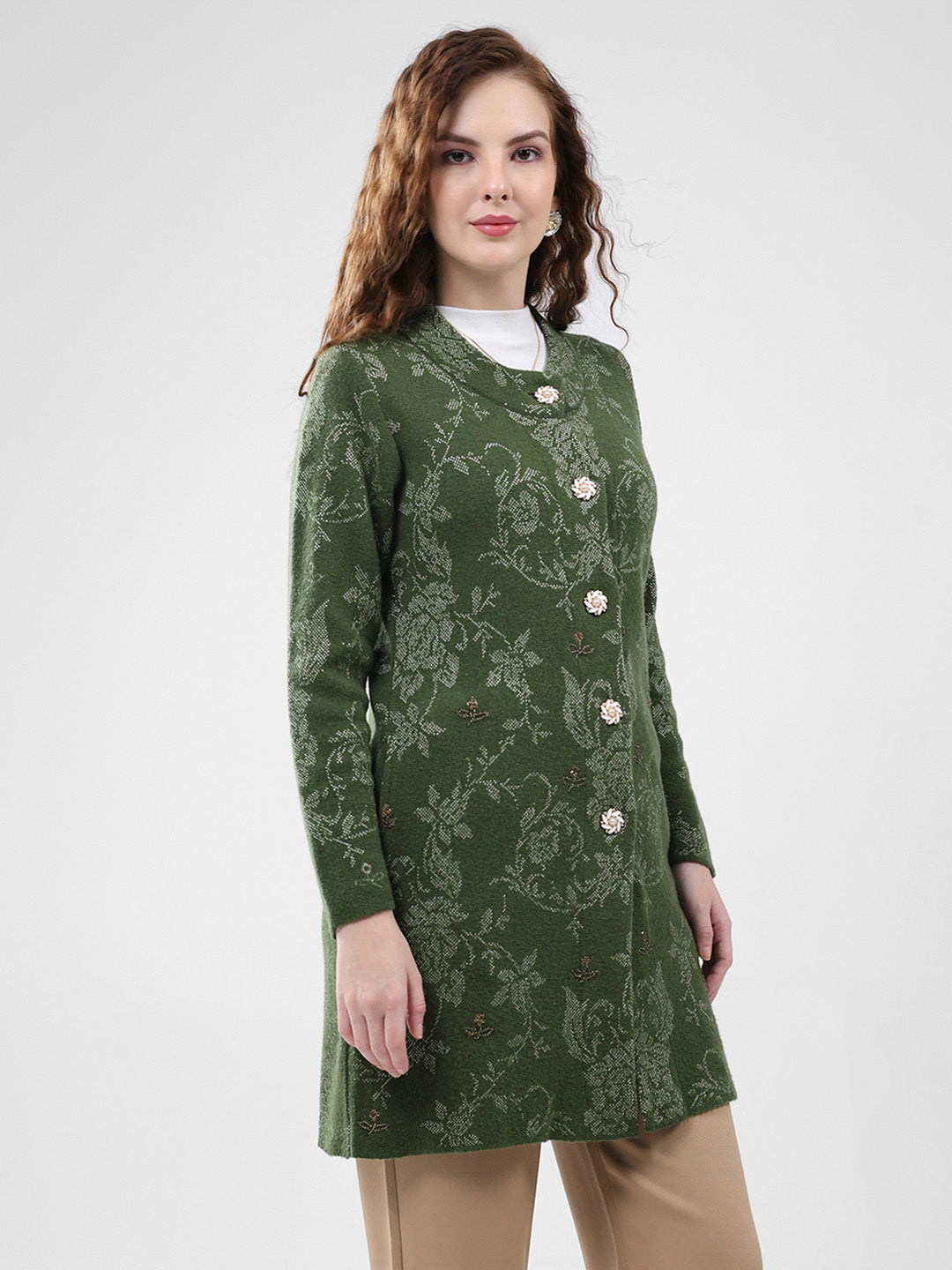Women Olive Self Design Round Neck Full Sleeve Knitted Coat