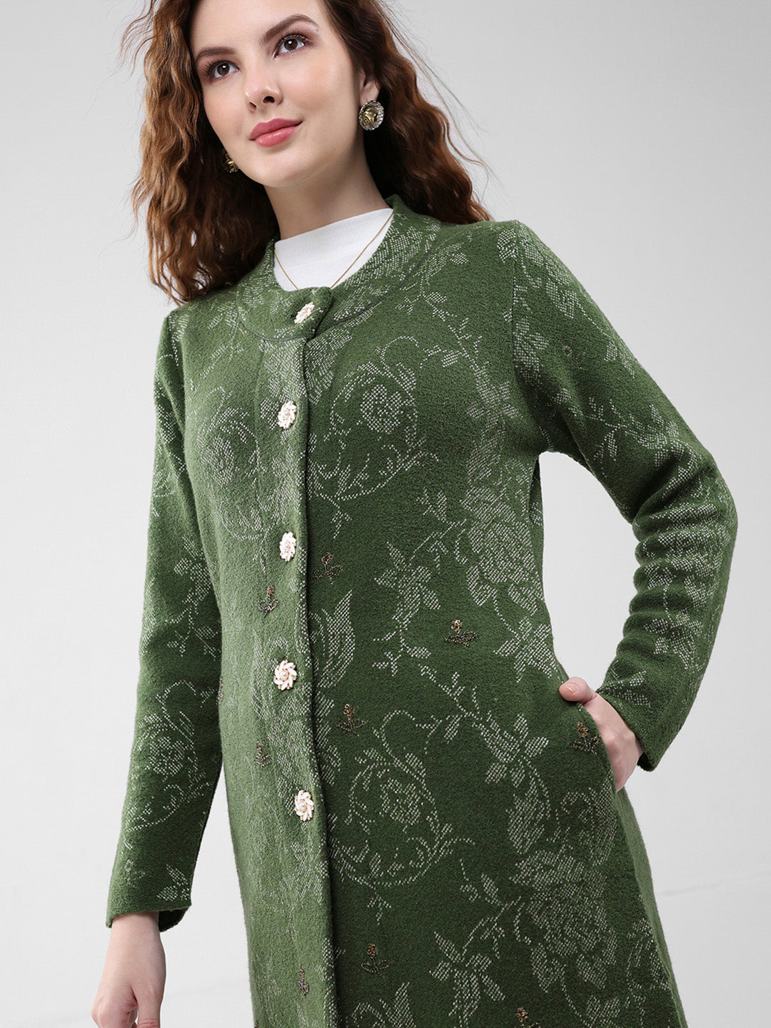 Women Olive Self Design Round Neck Full Sleeve Knitted Coat