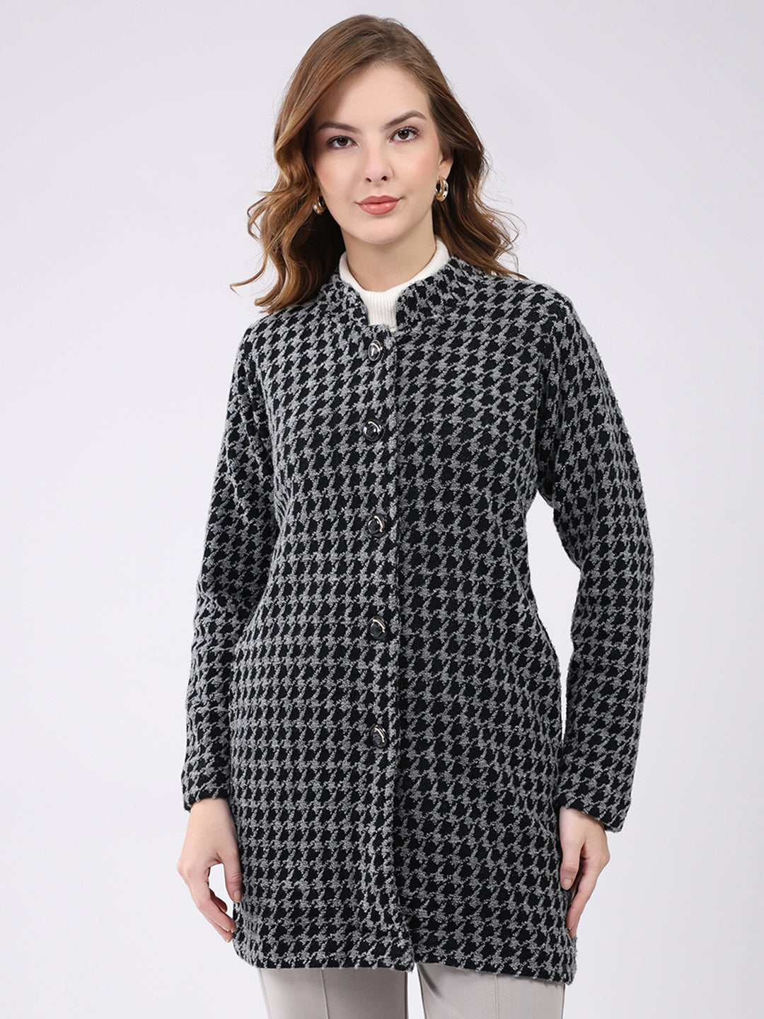 Women Black Self Design Round Neck Full Sleeve Knitted Coat