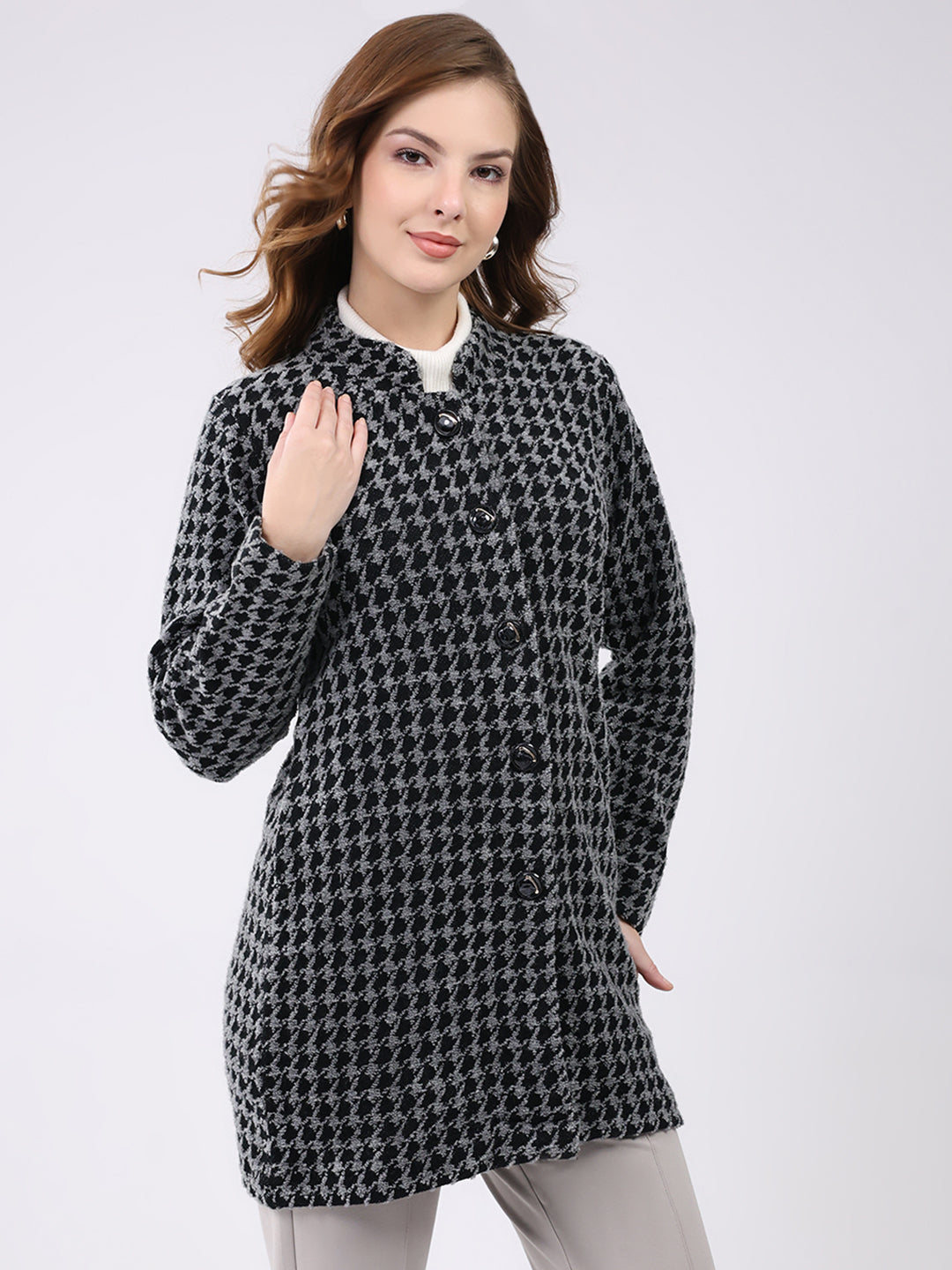Women Black Self Design Round Neck Full Sleeve Knitted Coat