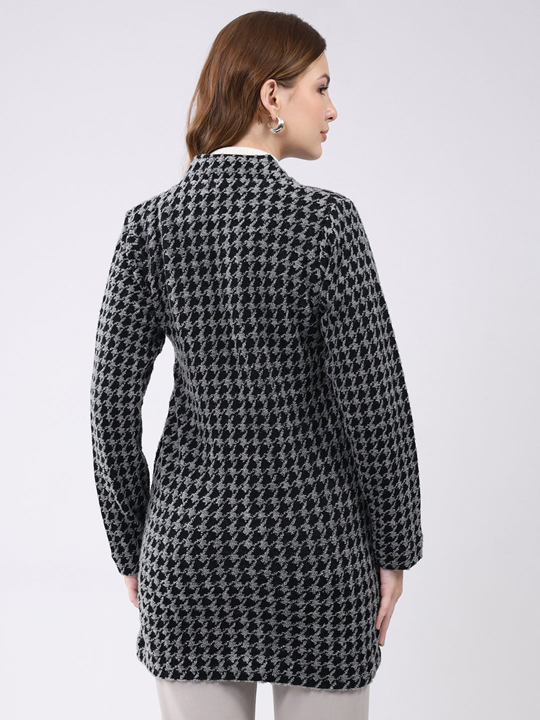 Women Black Self Design Round Neck Full Sleeve Knitted Coat