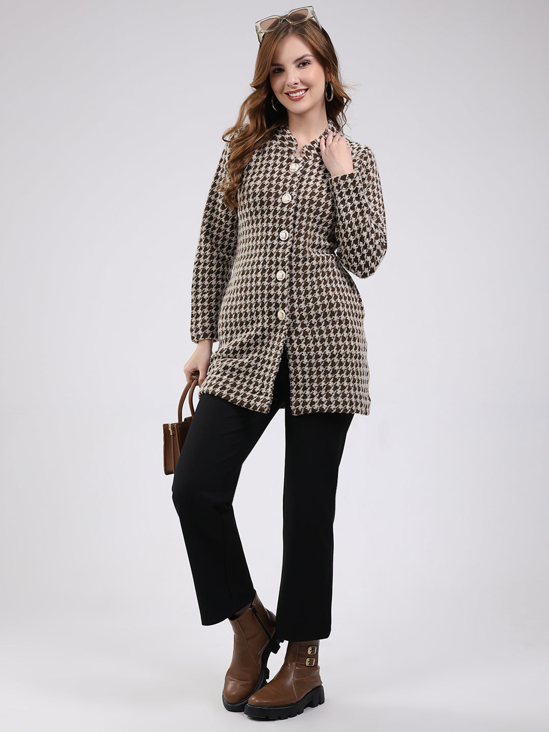 Women Brown Self Design Round Neck Full Sleeve Knitted Coat