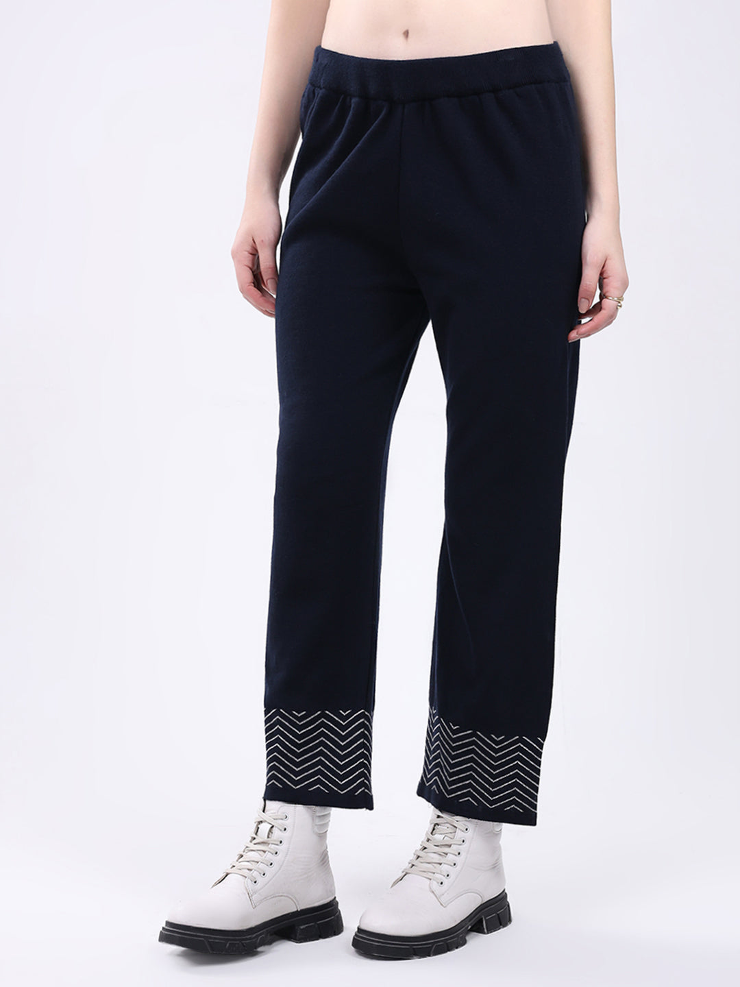 Women Navy Blue Self Design Round Neck Full Sleeve Cords Set