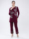Women Burgundy Self Design Round Neck Full Sleeve Cords Set