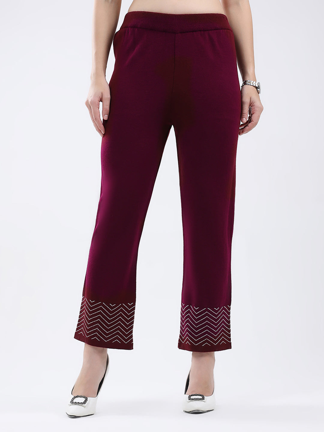 Women Burgundy Self Design Round Neck Full Sleeve Cords Set