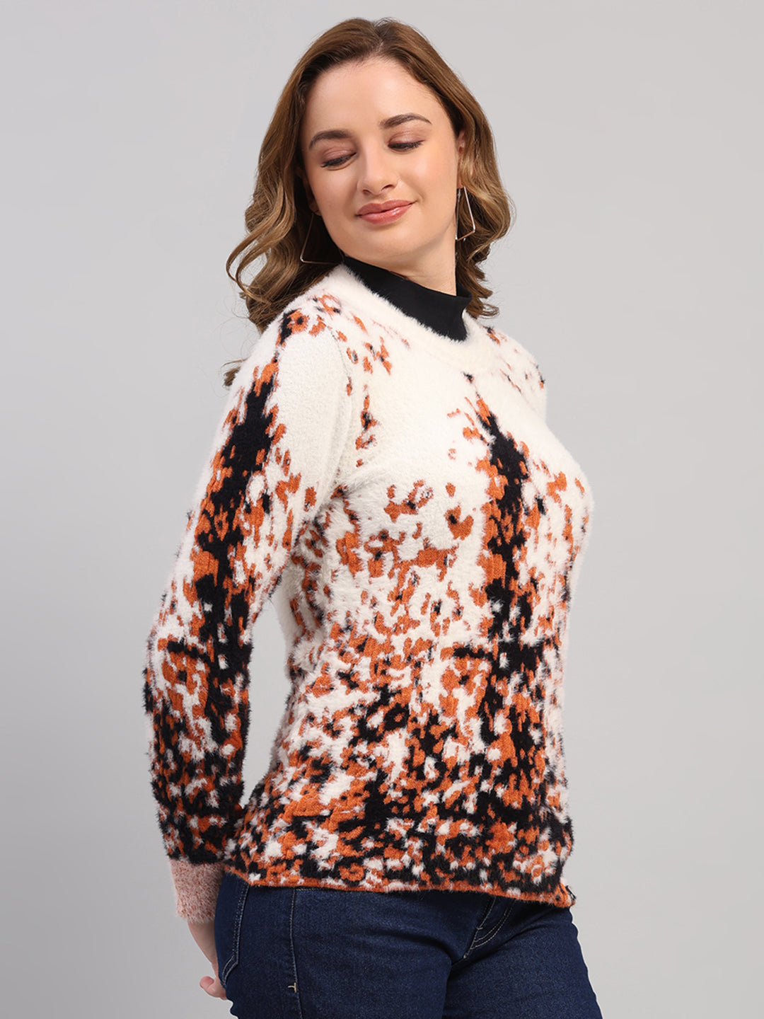 Women White Self Design Round Neck Full Sleeve Winter Top