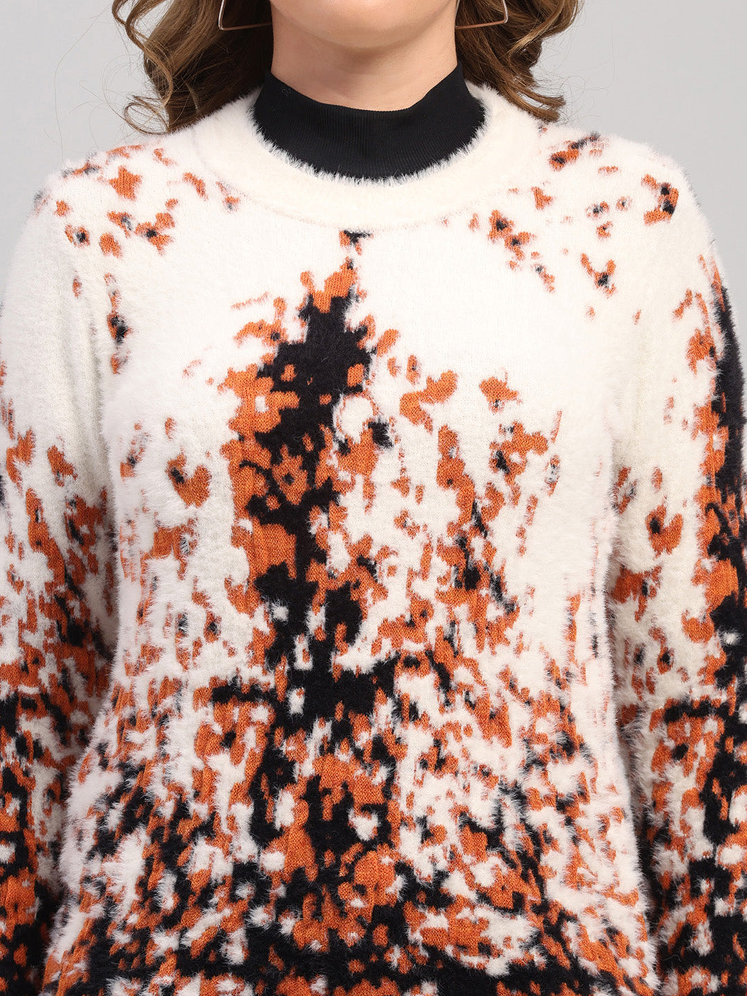 Women White Self Design Round Neck Full Sleeve Winter Top