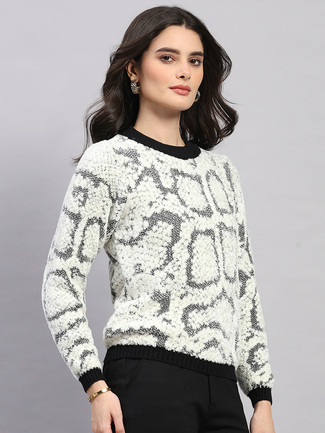 Women White Self Design Round Neck Full Sleeve Winter Top