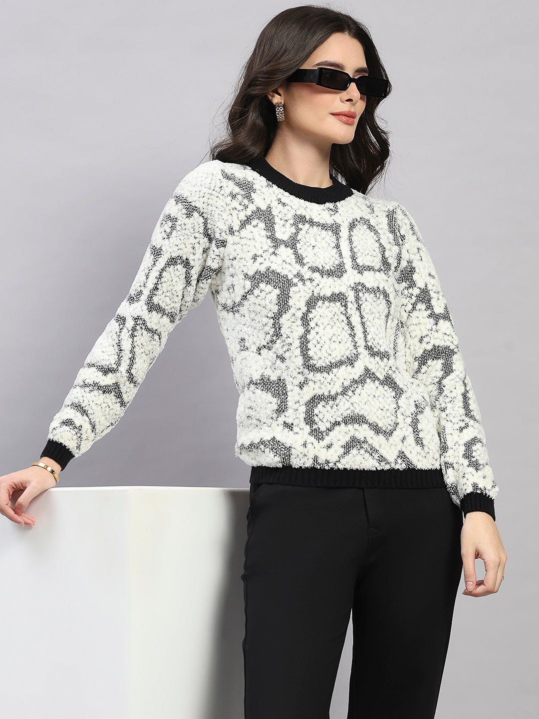 Women White Self Design Round Neck Full Sleeve Winter Top
