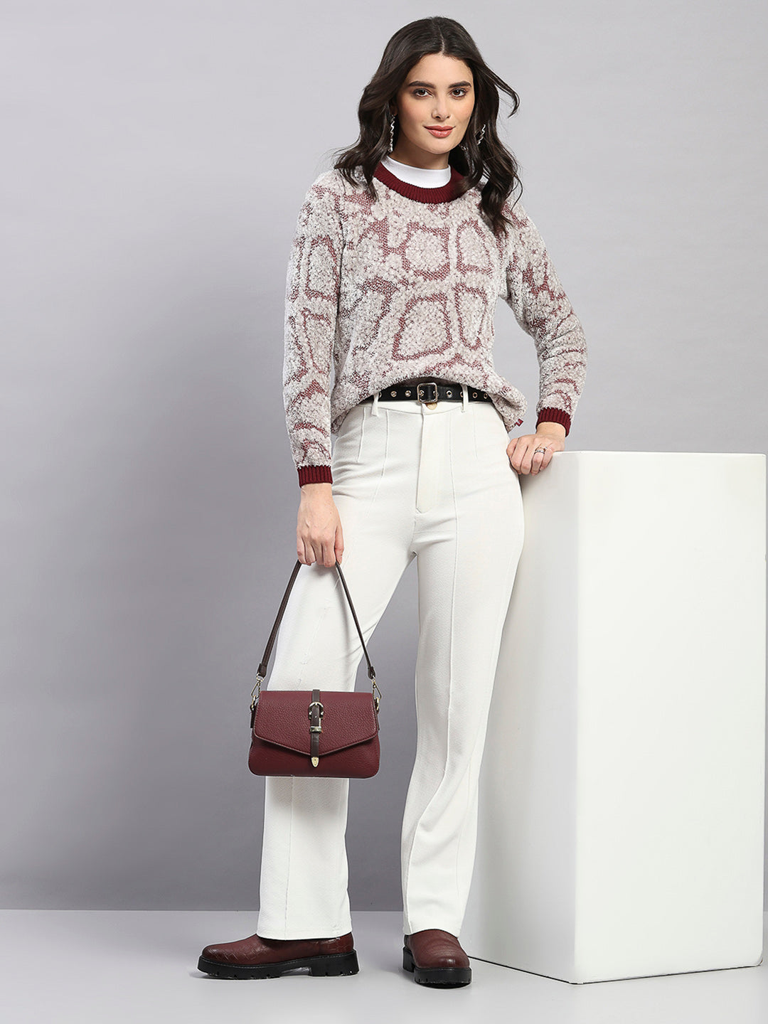 Women Maroon Self Design Round Neck Full Sleeve Winter Top