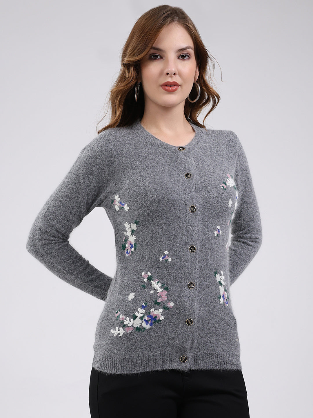Women Grey Self Design Round Neck Full Sleeve Cardigan