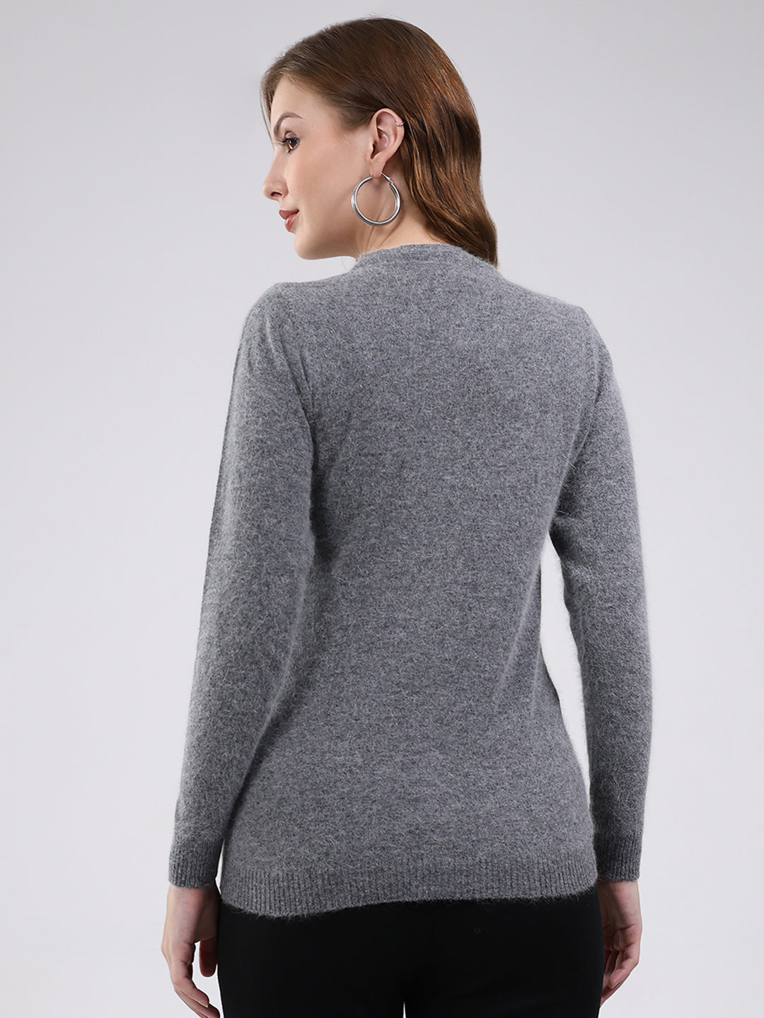 Women Grey Self Design Round Neck Full Sleeve Cardigan