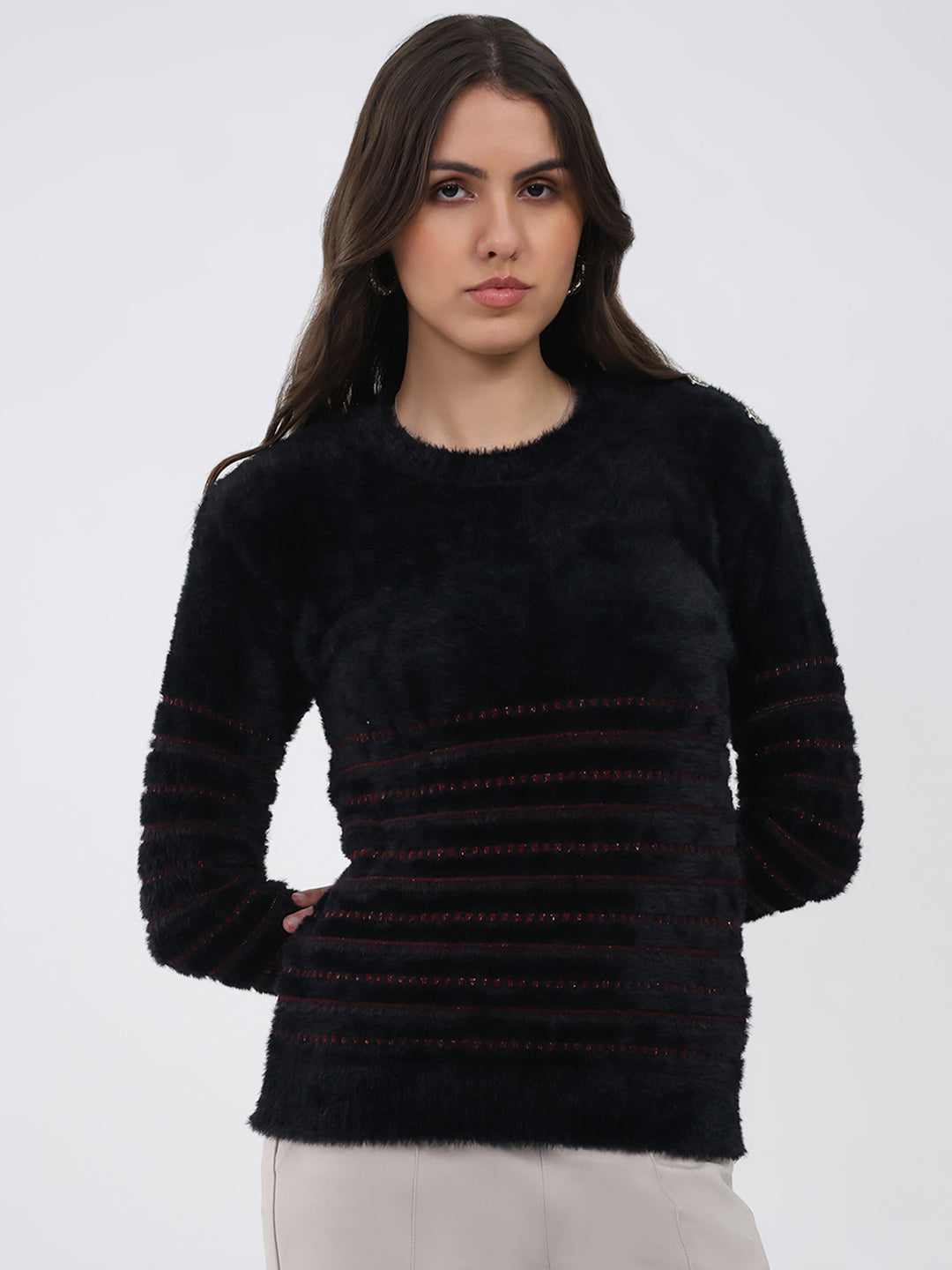 Women Black Printed Round Neck Full Sleeve Winter Top