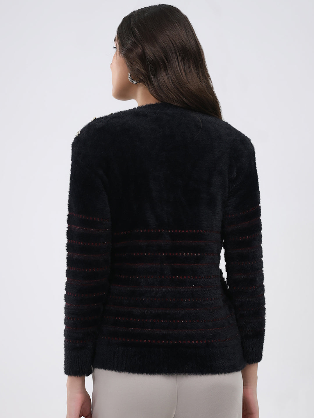 Women Black Printed Round Neck Full Sleeve Winter Top