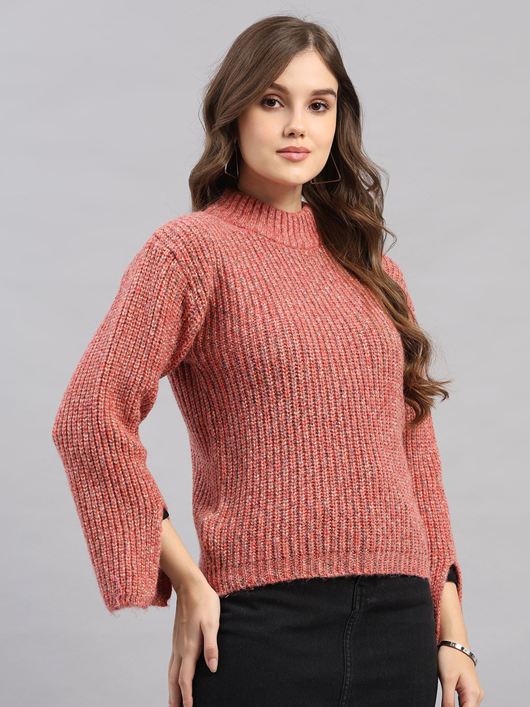 Women Pink Self Design Round Neck Full Sleeve Winter Top