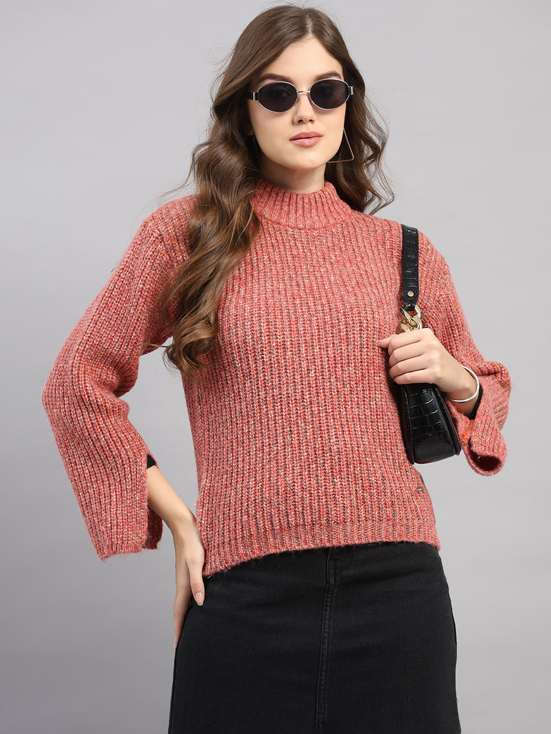 Women Pink Self Design Round Neck Full Sleeve Winter Top