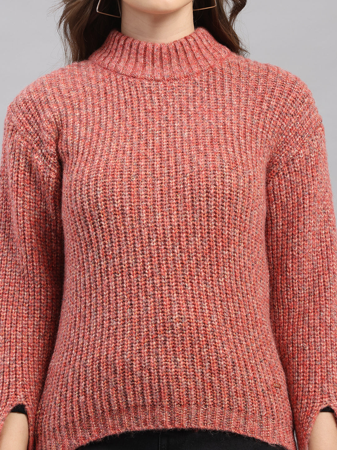 Women Pink Self Design Round Neck Full Sleeve Winter Top