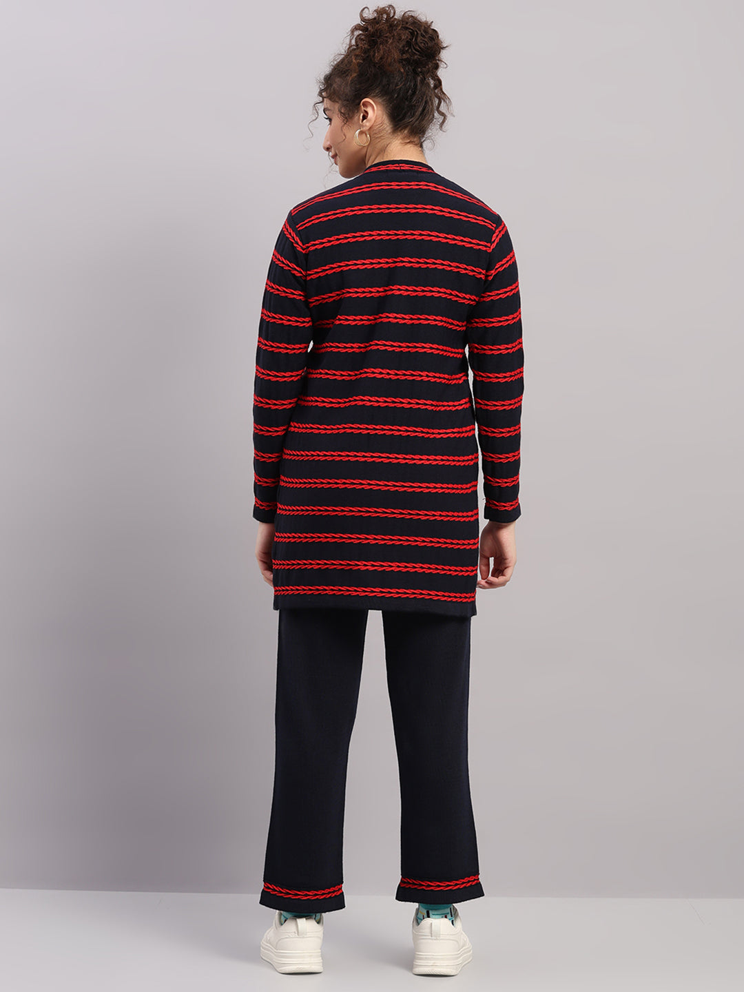 Women Navy Blue Self Design Round Neck Full Sleeve Cords Set