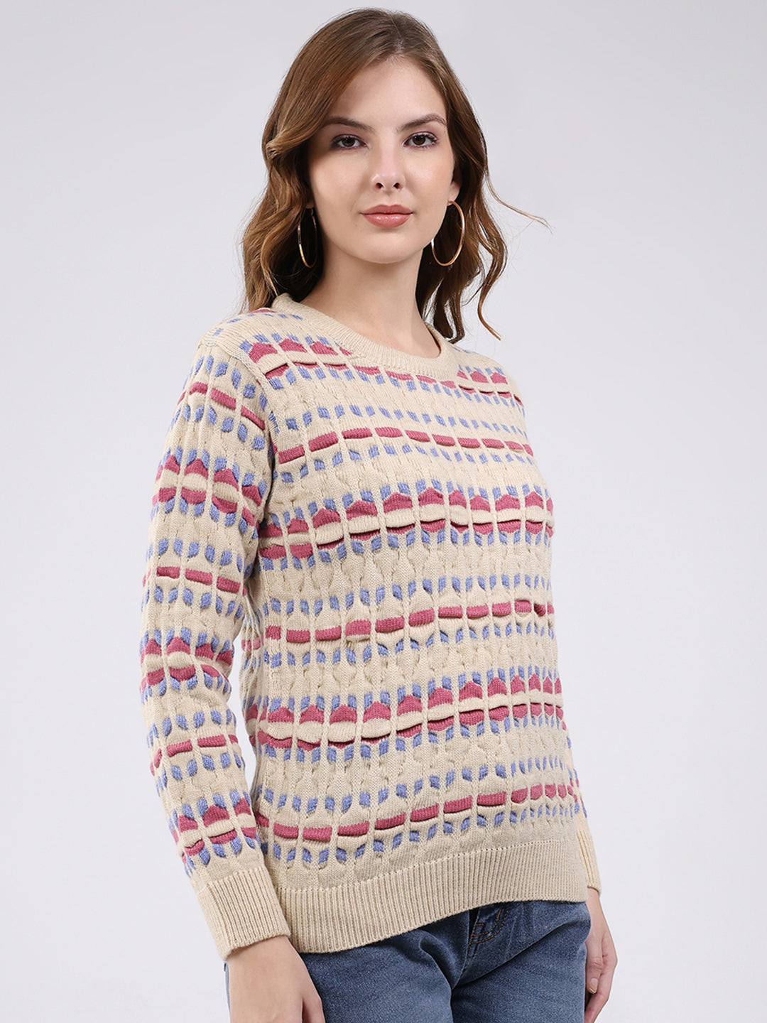 Women Beige Abstract Round Neck Full Sleeve Winter Top