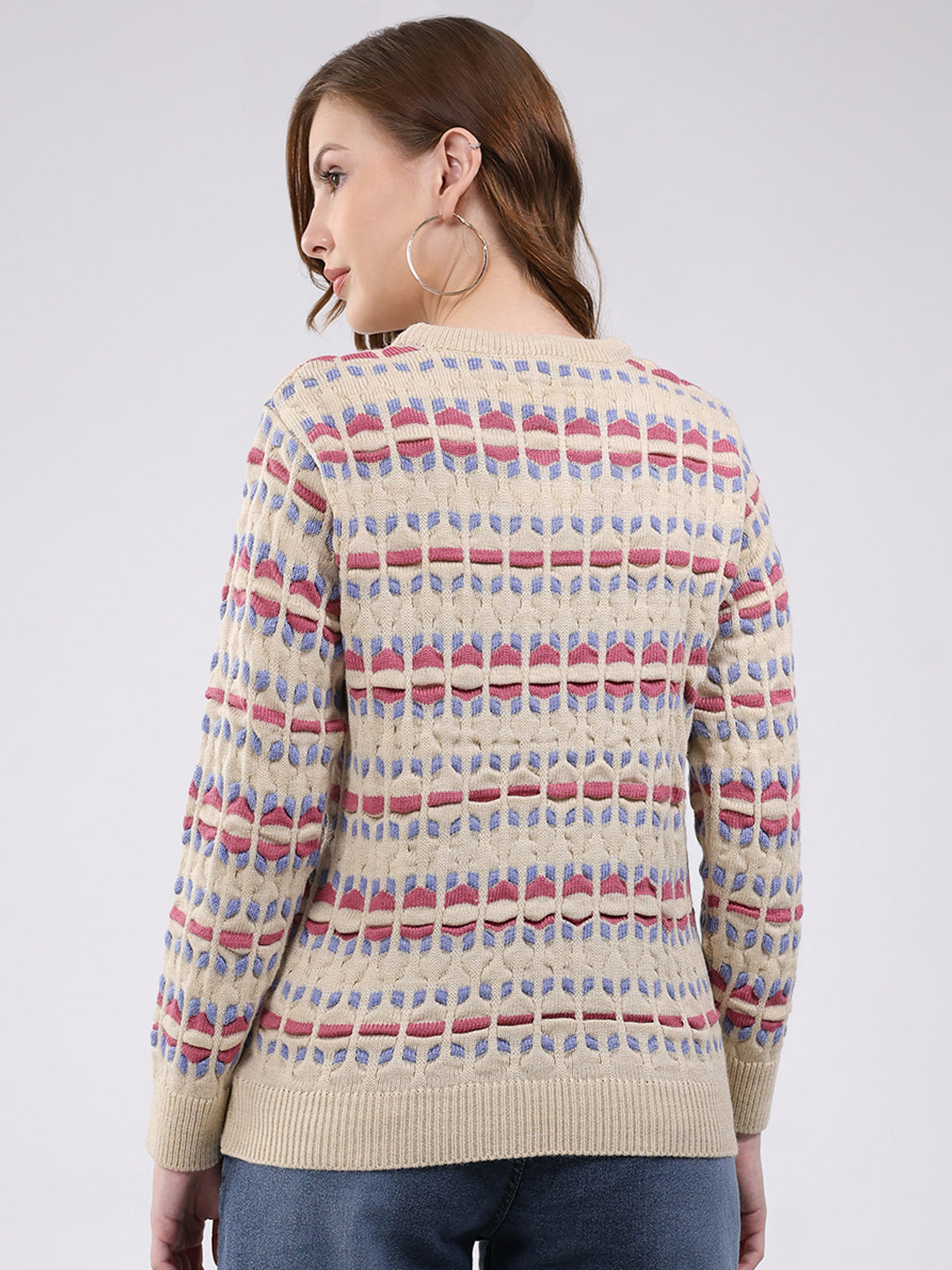 Women Beige Abstract Round Neck Full Sleeve Winter Top