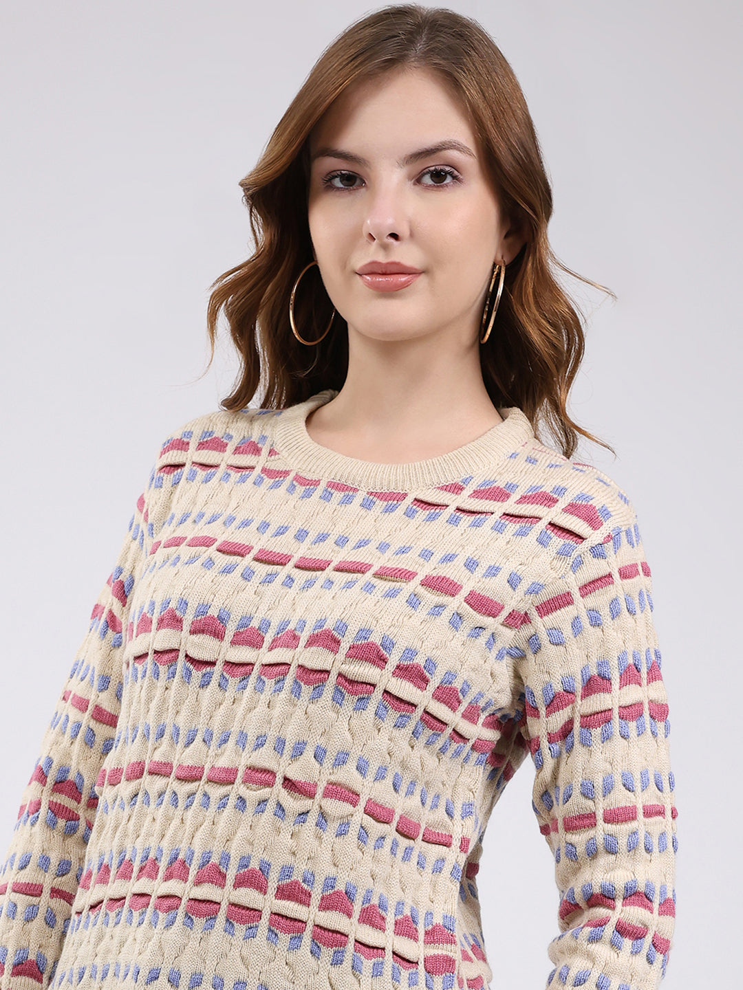 Women Beige Abstract Round Neck Full Sleeve Winter Top