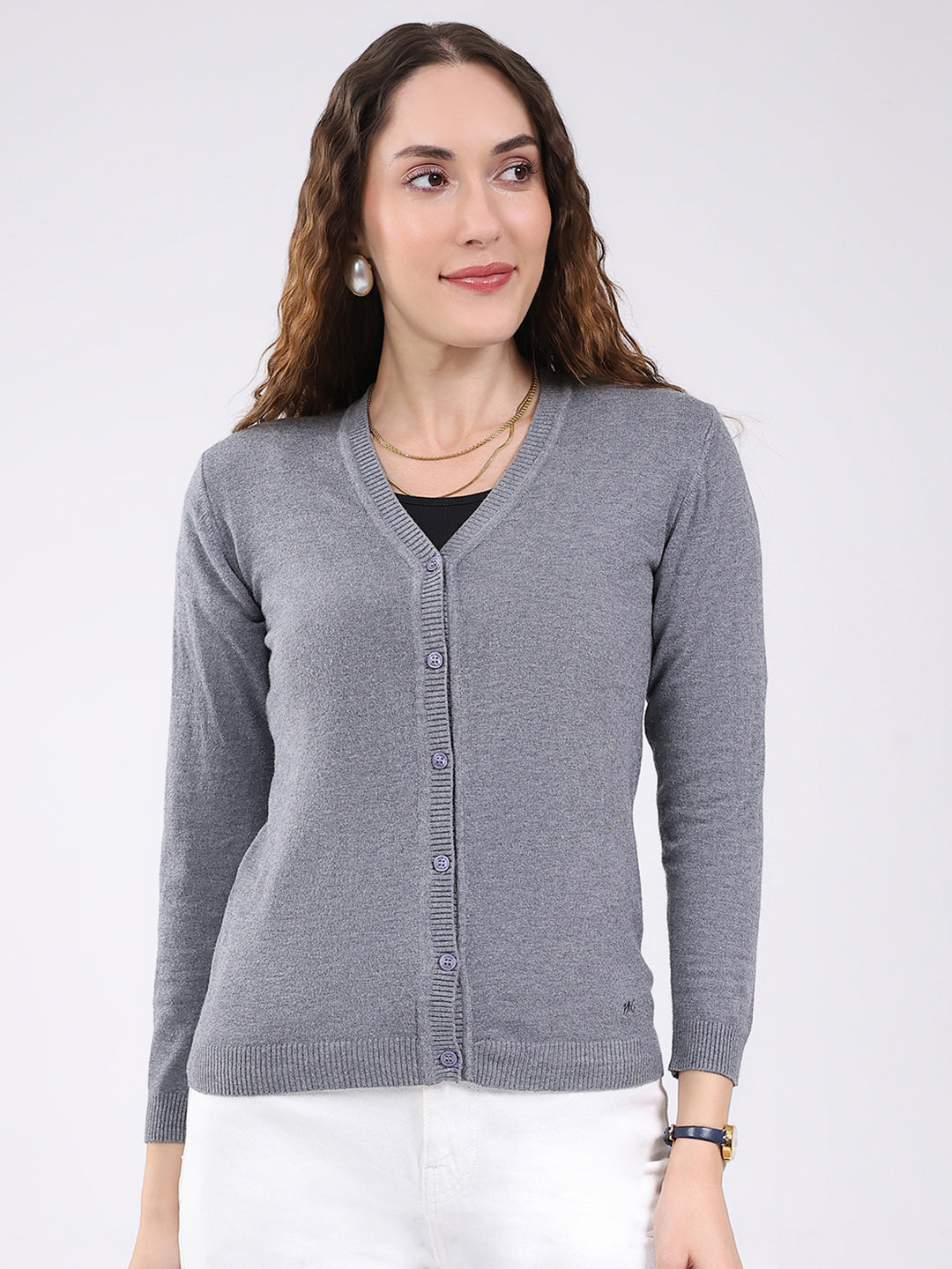 Women Grey Solid V Neck Full Sleeve Cardigan