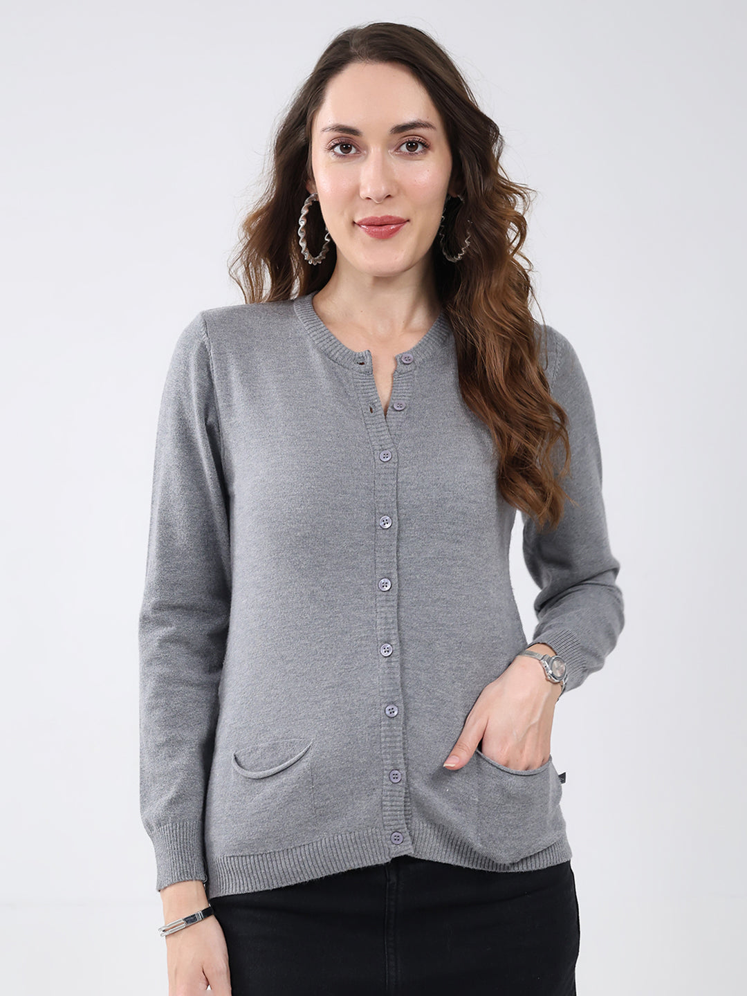 Women Grey Solid Round Neck Full Sleeve Cardigan