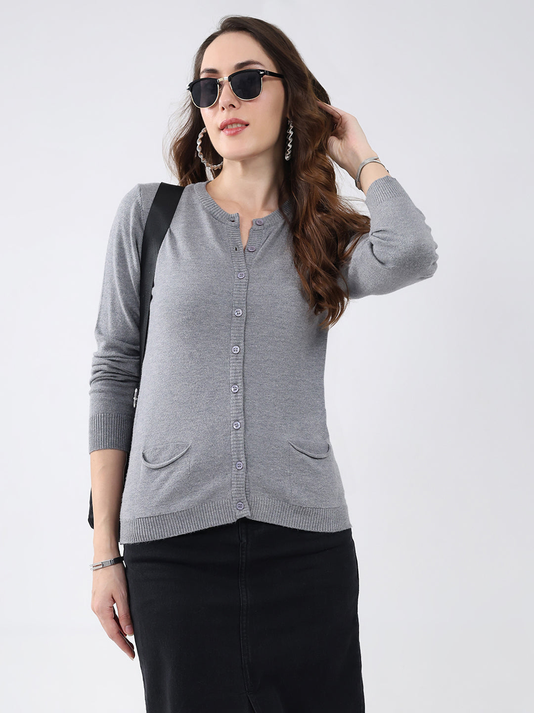 Women Grey Solid Round Neck Full Sleeve Cardigan