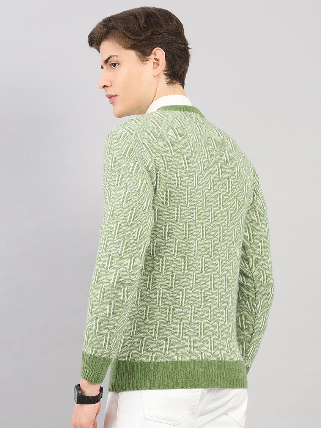 Men Green Self Design V Neck Full Sleeve Pullover