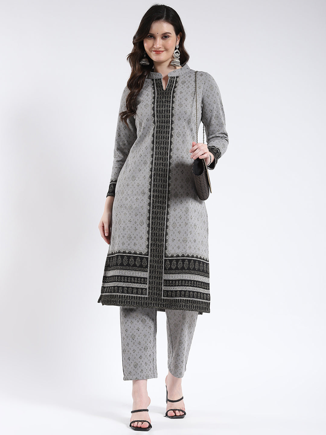 Women Grey Self Design Band Neck Full Sleeve Kurti Set for Winter