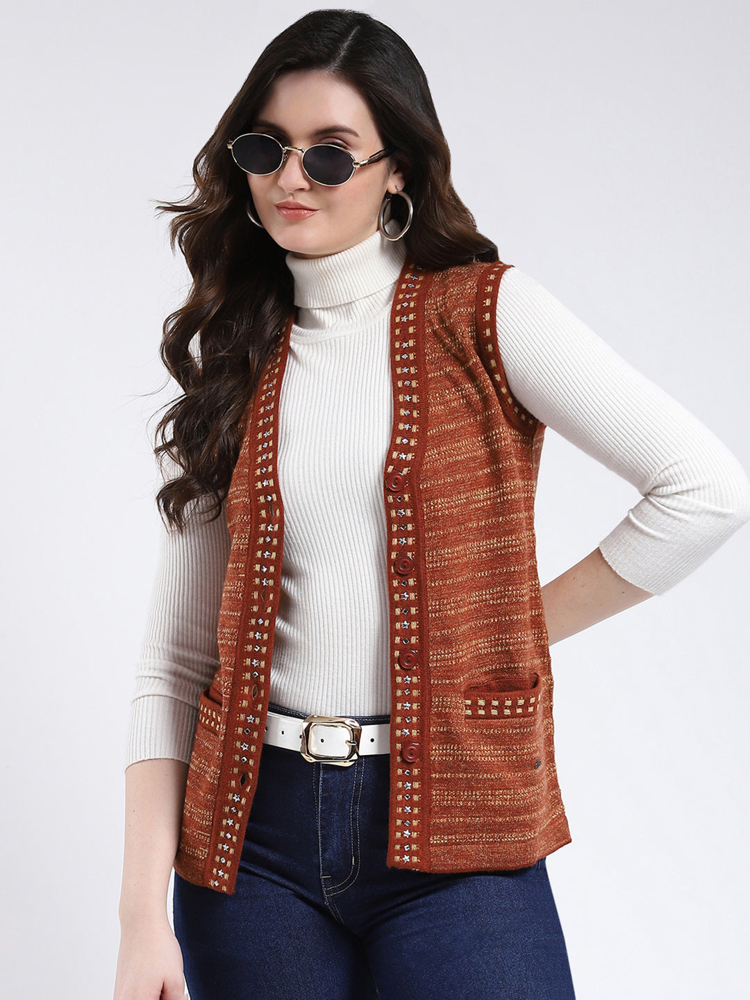 Women Rust Stripe V Neck Sleeveless Cardigan