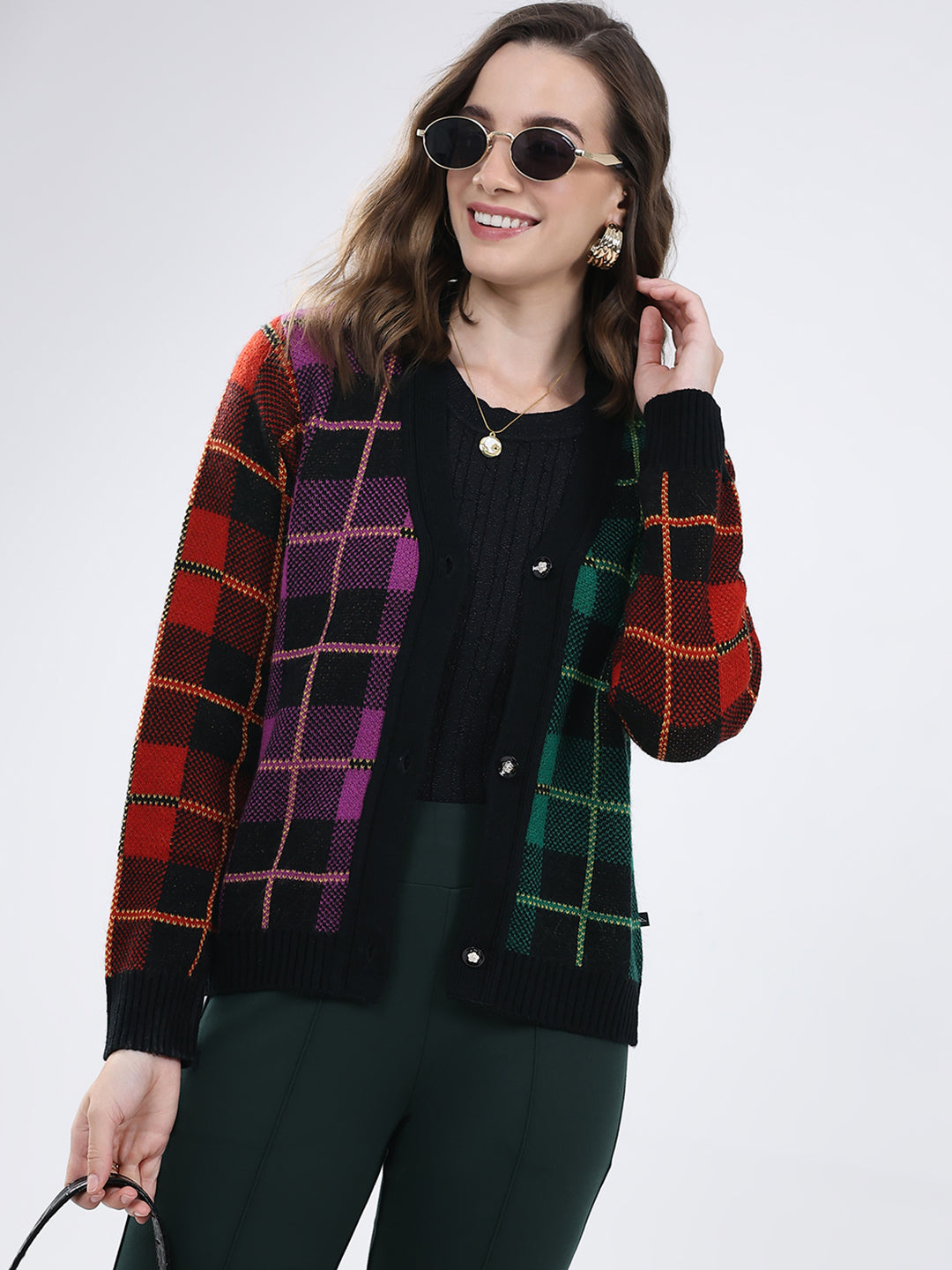 Women Multicolor Self Design V Neck Full Sleeve Cardigan