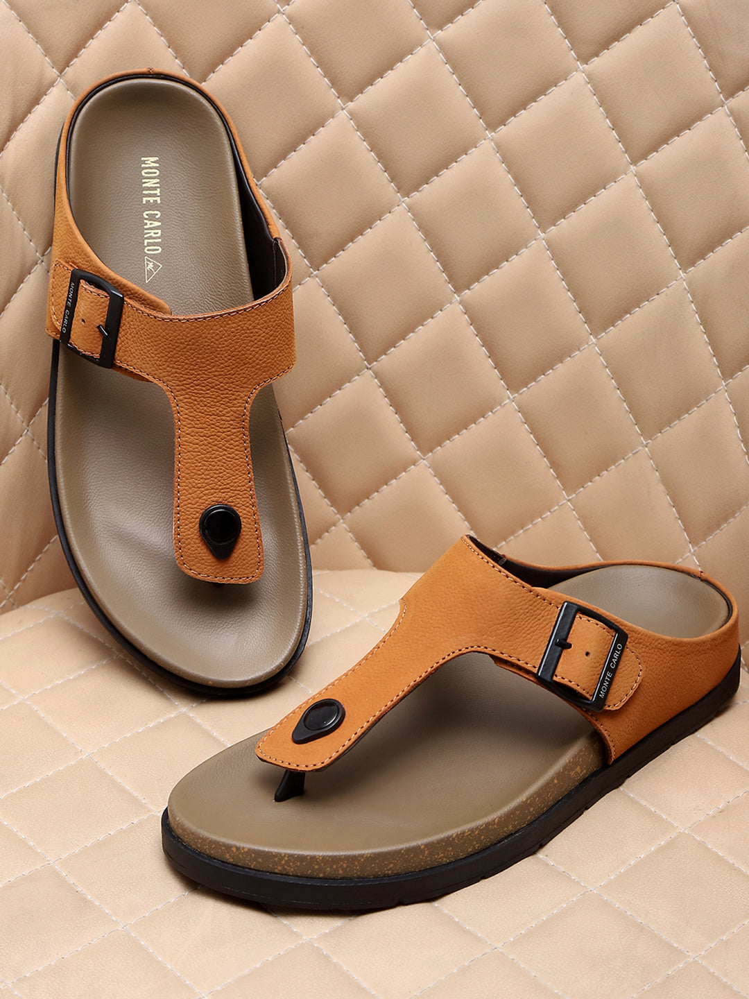 Men Tan Buckle Design Leather Slipper