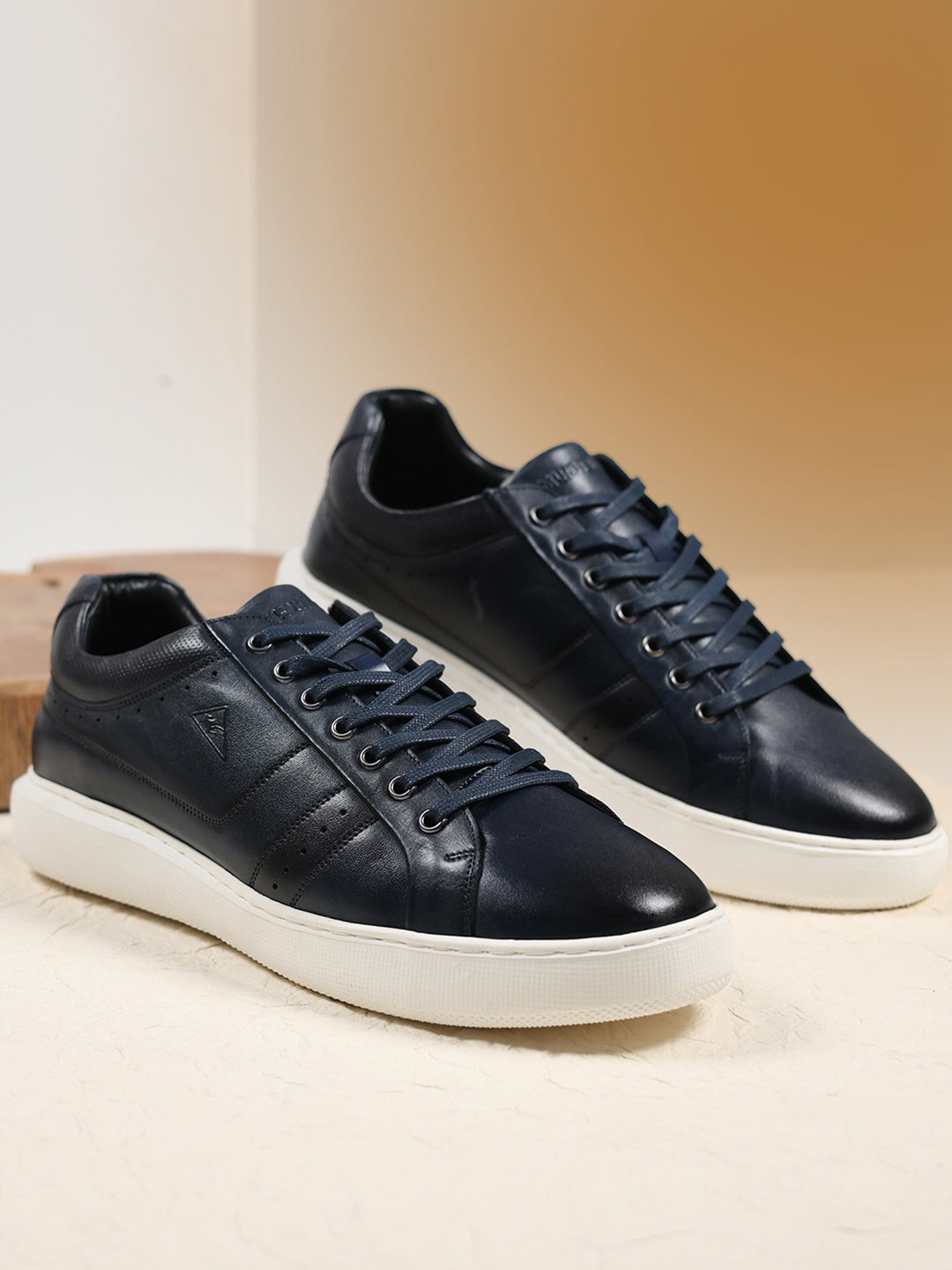 Men Navy Blue Lace Up Genuine Leather Sneaker