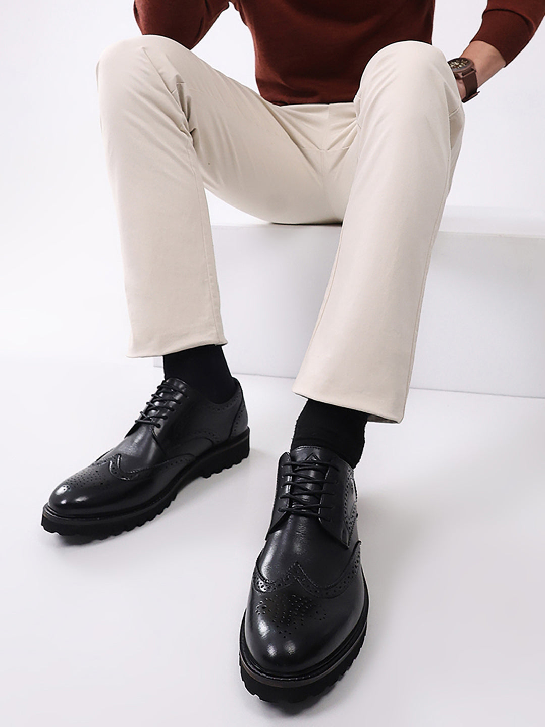 Men Black Lace Up Genuine Leather Formal Brogues