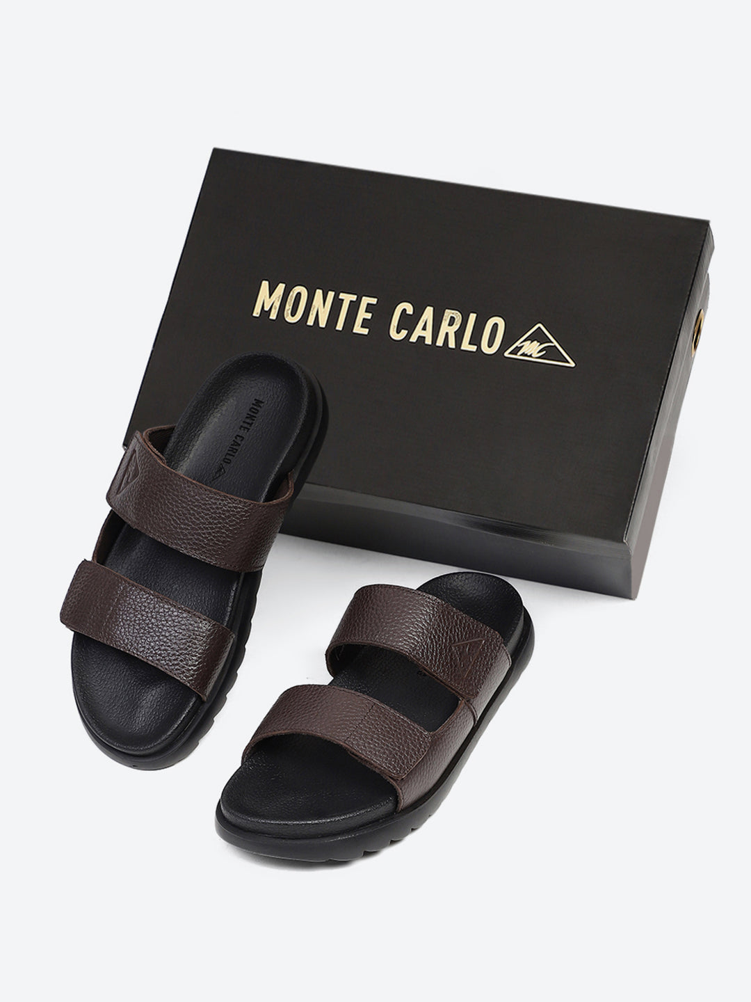 Men Brown Velcro Genuine Leather Sliders