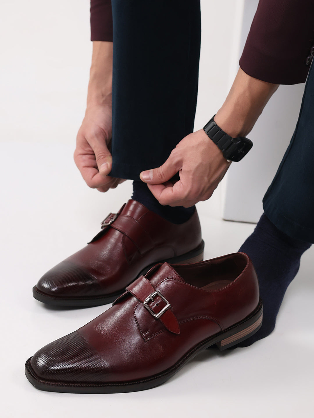 Men Cherry Elastic Leather Formal Monks