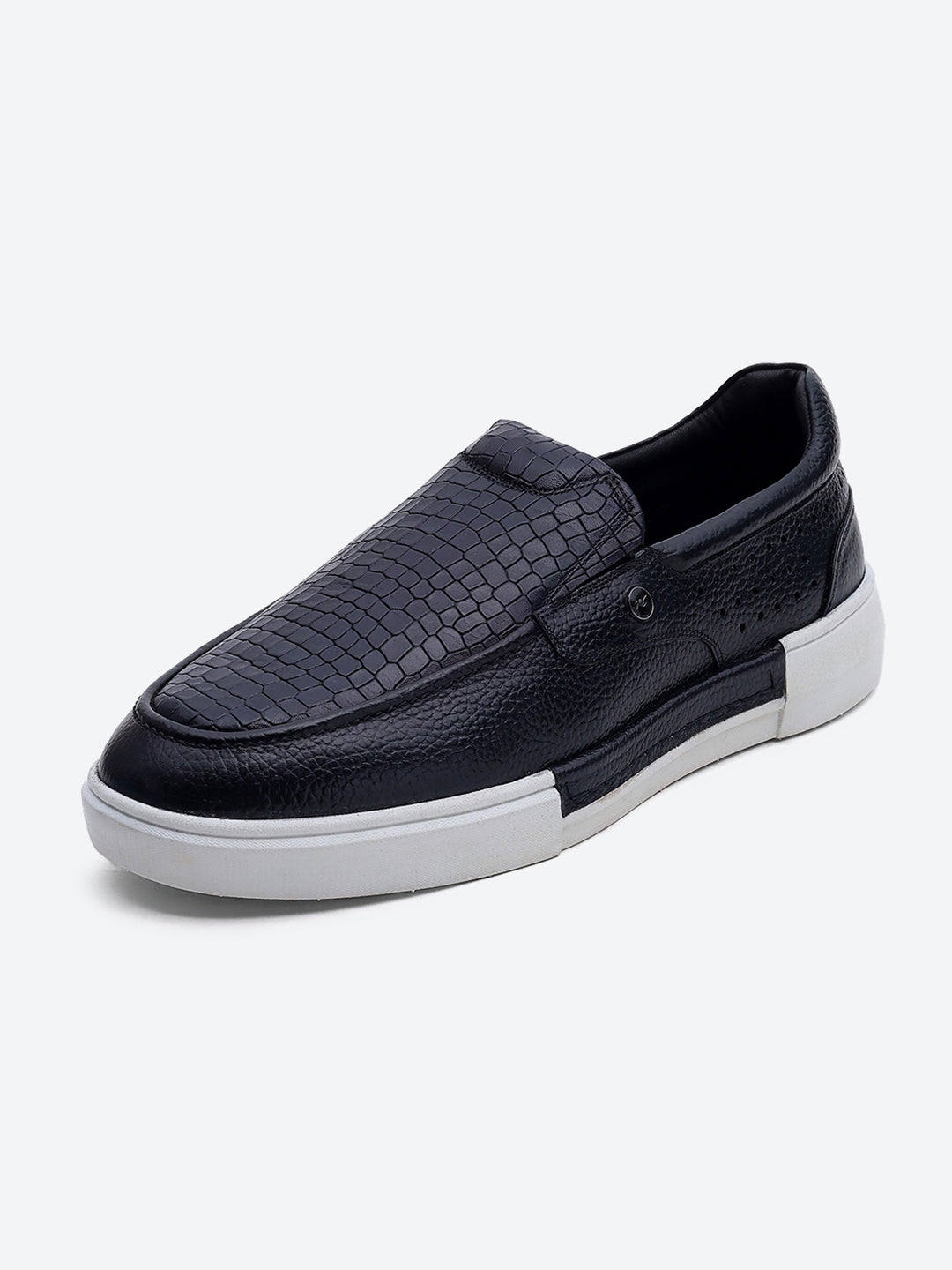 Monte Carlo Navy Blue Croc Print Leather Casual Slip on Shoes for Men